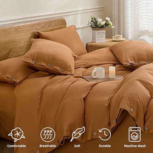Image of JELLYMONI Cotton Duvet Cover Cal King Size - Burnt Orange Comforter Cover with Button 100% Washed Cotton 3PCS Breathable Soft Solid Bedding Set Duvet Cover 104x98in & 2 Pillowcases (NO Comforter)