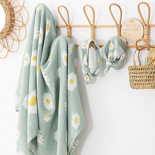 Image of BabyWhale Muslin Swaddle Blanket with Hat and Headband Bow, Daisy Pattern Swaddle Set for Baby Boys & Girls, Soft Receiving Blanket, 47x47 inches, Green