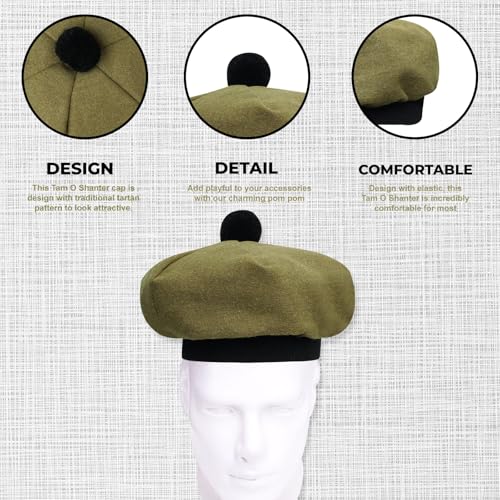 Image of Scottish Tam O' Shanter Hat Tartan Bonnet Pom Pom Wool Flat Cap One Size
