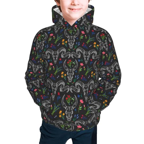 Skull with Horns the Flowers Kid Hoodies Boys Sweatshirts Girls Pullover with Pocket3