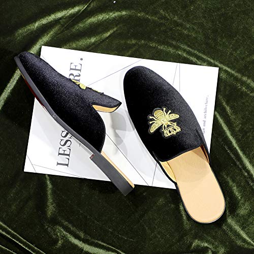 Image of FLQL Mens Shoes Luxury Velvet Gold Buckle Slip-on Penny Loafers Casual Smoking Slippers Indoor Outdoor Sandals Black Size 7-13