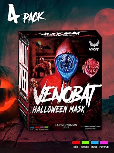 4 Pack Venobat Halloween Mask - Light Up Led Scary Masks For Purge Costume Party Cosplay Carnival Dark And Evil Glowing Eyes Cool Glow Neon Mask For Kids Adults Men Women #TOP1