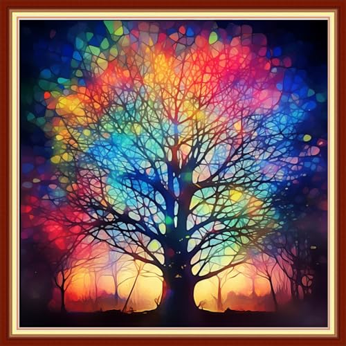 Image of Joyhoor Cross Stitch Kits for Beginners Stamped Cross-Stitch Supplies Needlework preprint Embroidery Kits for Adults DIY Needlepoint Kits Embroidery Patterns 11CT-Noctilucent Tree 18.x18 inch