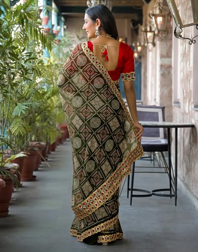Image of SIRIL Women's Georgette Bandhani Printed Saree with Unstitched Blouse Piece