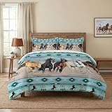 WeCozy Queen Size Comforter Set with 2 Pillowcases, Horses Desert Animal 3 Pcs Bedding for Kids and Adults, Tribal Farm Sunset Run Soft Comforter Set for Bedroom Bed Decor