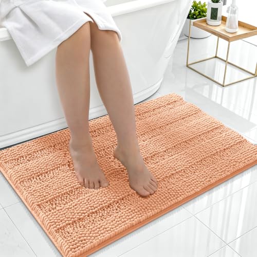 Image of Smiry Thick Chenille Bathroom Rugs 36x24, Extra Soft Absorbent Striped Bath Mat, Machine Washable, Rubber Backing, Bath Rugs for Bathroom, Tub & Shower, Modern Home Decor Accessories, Peach