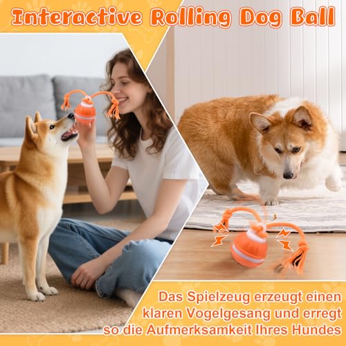 Interaktives Hundespielzeug, Hundespielzeug Unzerstörbar, Interaktiver Spielball für Hunde, Hundeball Elektrisch Ball mit Schwanz 3 Spielmodi 3 Kauschnüren USB,Intelligentes Hundespielzeug Ball(Orange