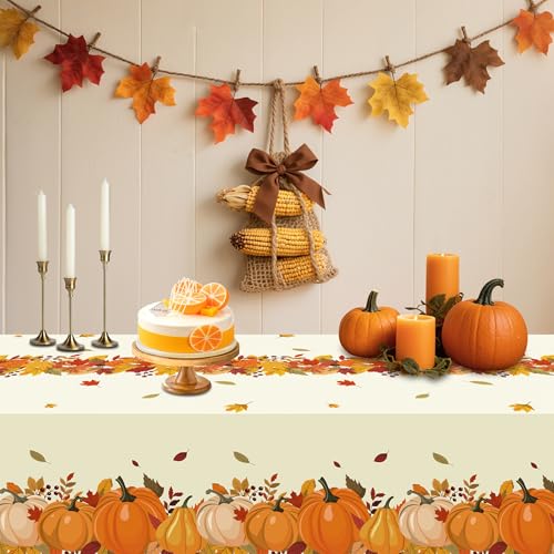 Image of ATFUNSHOP Fall Plastic Tablecloth 4 Packs Thanksgiving Disposable Table Cloth 54x108 Rectangle Table Cover with Pumpkin & Maple Leaf for Holiday Dinner Party Decorations Outdoor Picnic & Baby Showers