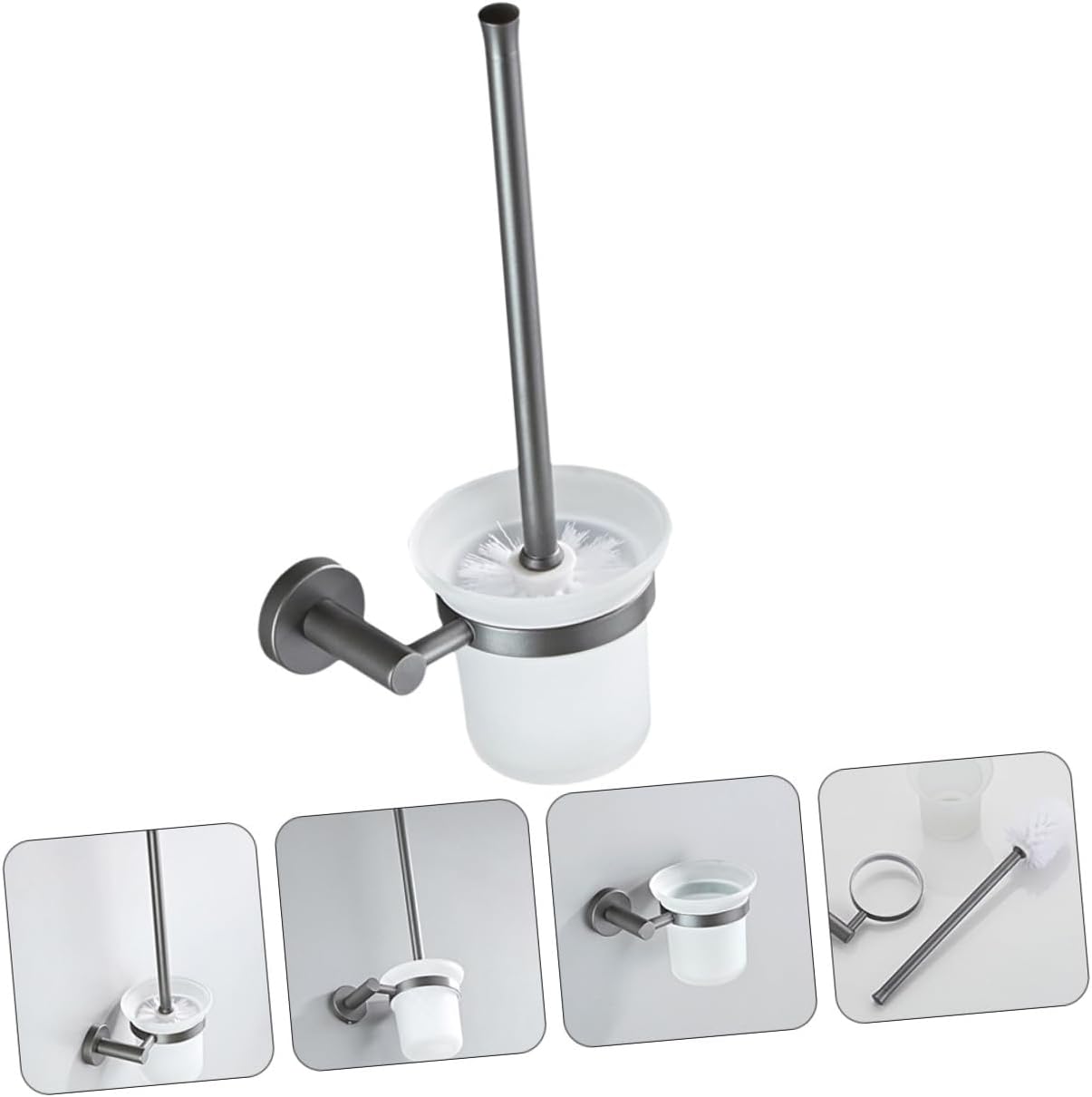 Wall-Mounted Toilet Brush Set with Round Frosted Glass Base Thick Bristle Head and Handle Space-Saving Bathroom Cleaning Tool for Home with Strong Decontamination