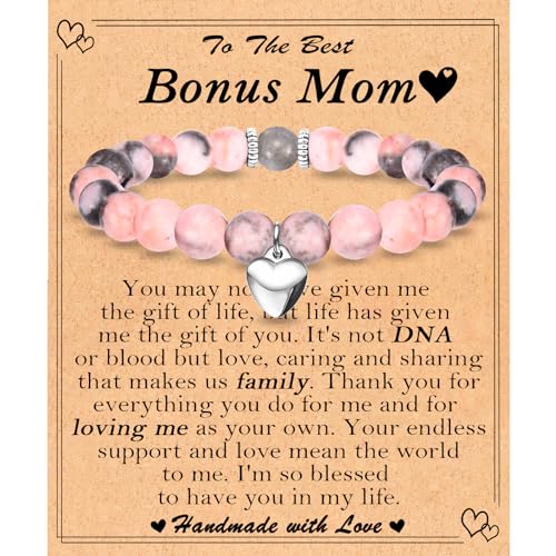 Image of Bonus Mom Mothers Day Gifts, Christmas Valentines Day Easter Birthday Gifts Stocking Easter Basket Stuffers Beaded Bracelet Jewelry Gifts for Bonus Mom Women, 7, Pink