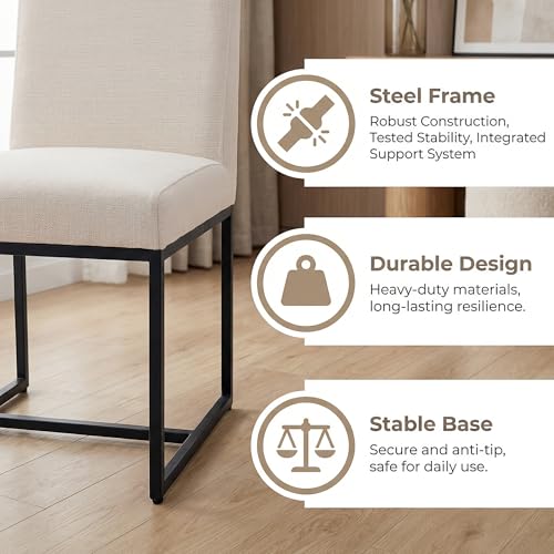 Image of HNY Modern Dining Chairs Set of 4, Upholstered Linen Dining Room Chairs with Ergonomic Back & Metal Frame for Home, Kitchen, Apartment, Cream