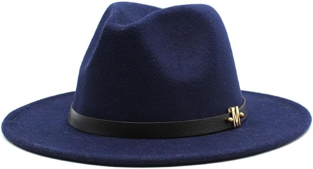 Wide Brim Wool Felt Fedora Hat, Yellow with Black Leather Band, Western Style (Navy Blue,One Size)