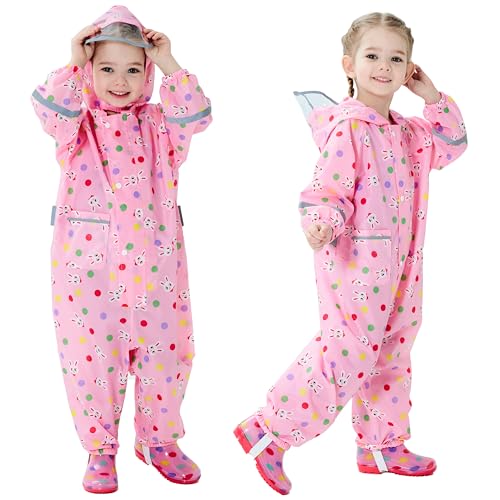 Image of Fewlby Toddler Rain Suit for Boys Girls Kids Raincoats With Hood One Piece Baby Rain Jacket Waterproof Coverall 1-10 Years