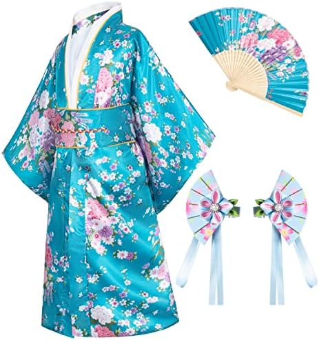 Elibelle Japanese traditional dress kimono robe for kids girls costume silk folding fans hairstick set(Blue1Type110cm)