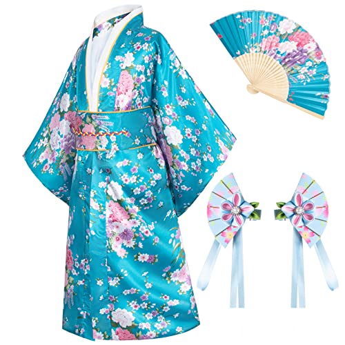 Elibelle Japanese Traditional Dress Kimono Robe For Kids Girls Costume Silk Folding Fans Hairstick Set(Blue1Type110Cm) #TOP2