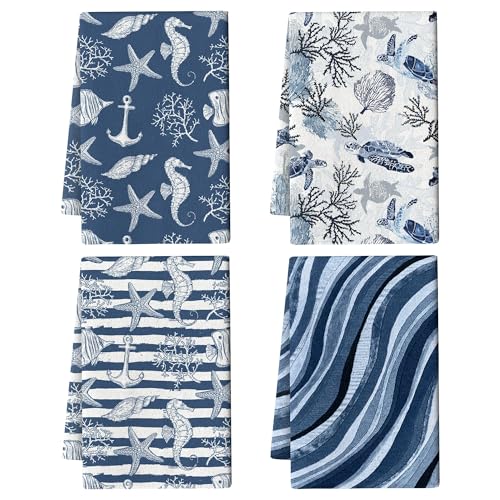 Pintukee Blue Nautical Seahorse Corals Sea Turtle Kitchen Dish Towels Decorative Set of 4, Absorbent Coastal Tea Hand Towels for Kitchen Farmhouse Housewarming Bar Ocean Themed Decor