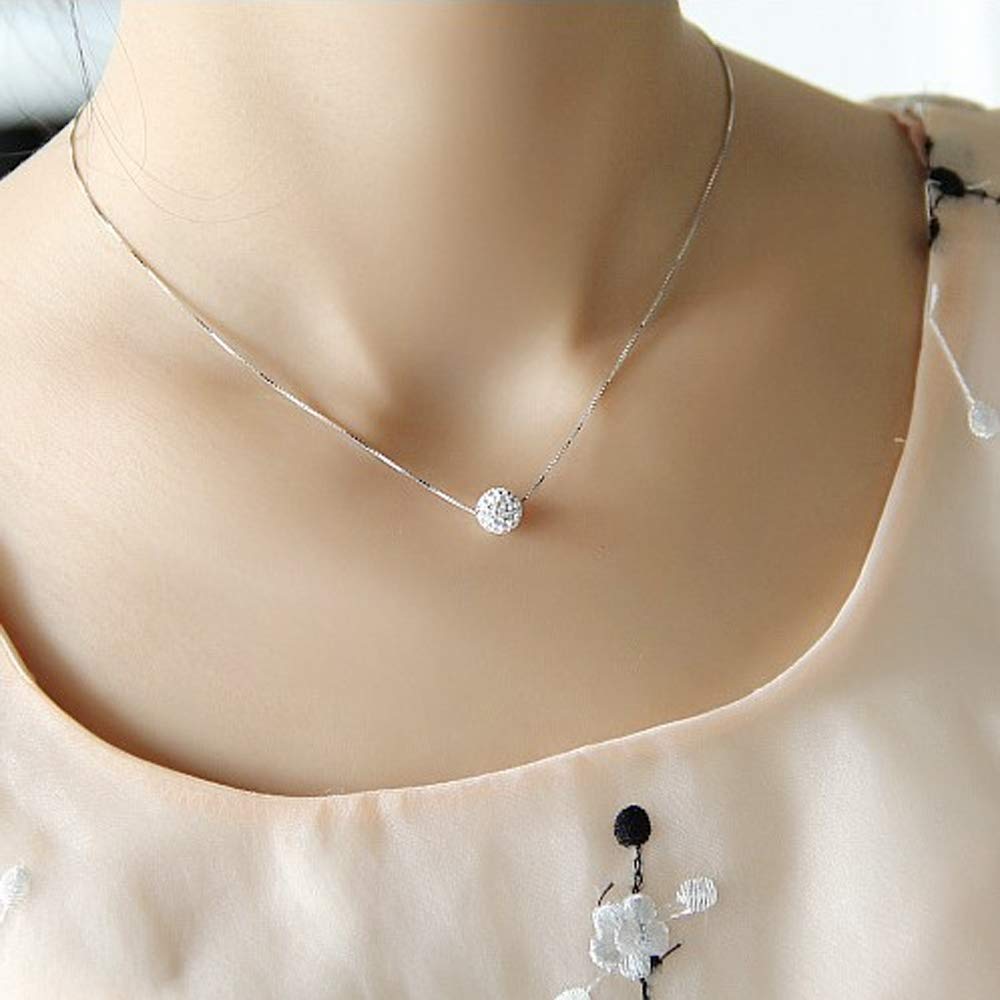 MX YANRR Cadena Conjunto de Plata de Ley 925 Collar Simple Cientos Diamante Lleno Solo Bola de Cristal