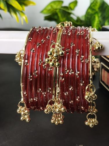 Image of NMII Viral Multi Colour Glass Bangles with Golden Ghungroo Charms & Stone Work For Women & Girls | Fancy Designer Glass Bangle | Traditional Chudi | Kanch Ki Churi | Stylish Ghungroo Bangle For Women