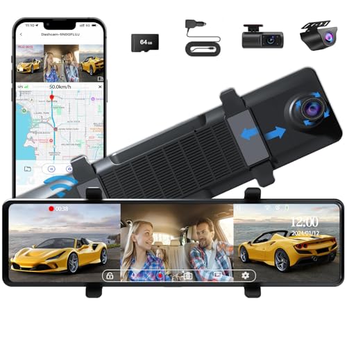 3 Channel Mirror Dash Cam, Aprilboy 12' Triple Rear View Mirror with Front 4K, Inside and Rear 1080P...