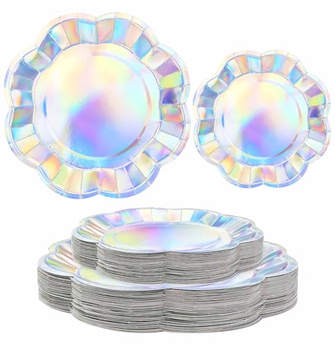 SietDESEO 50 PCS Iridescent Scalloped Paper Plates 25 x 7 and 25 x 9 Iridescent Dessert Plates Disposable Dinner Plate for Wedding Baby Shower Birthday Party Scalloped Cake Plate