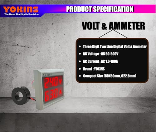 Image of YOKINS (SA-60VA) 2-in-1 Digital VA Meter | Measures AC Voltage 50-500V & Current 1-100A | Compact 60x60mm Panel Mount Meter can be used Electrical Panel /Submersible Panel, Volt-Amp
