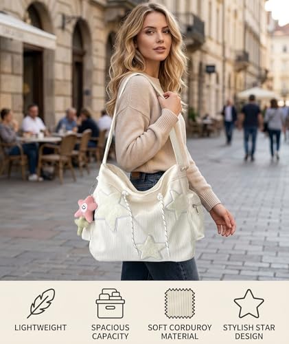 SRKSPYFD Star Design Corduroy Tote Bag White - Image 6