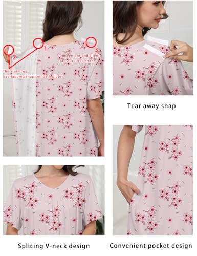 Image of Hospital Gowns for Women Open Back Tear Away Snap Post shoulder Dress Short Sleeve Soft Adaptive Clothing with Pockets