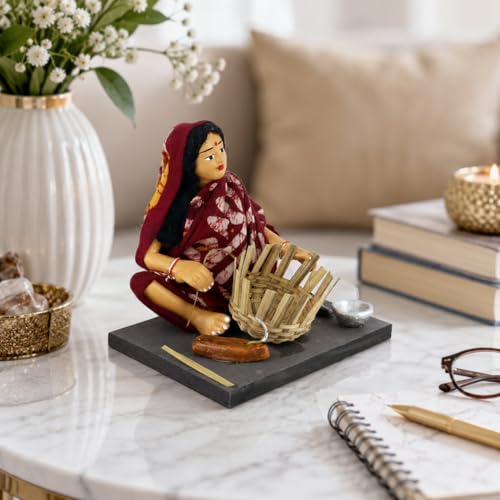 Image of Krishnanagar Handmade Clay Woman Basket Maker Miniature Idol | Basic Terracotta Sitting Human Figurine | Traditional Indian Home Decor & Gift Showpiece
