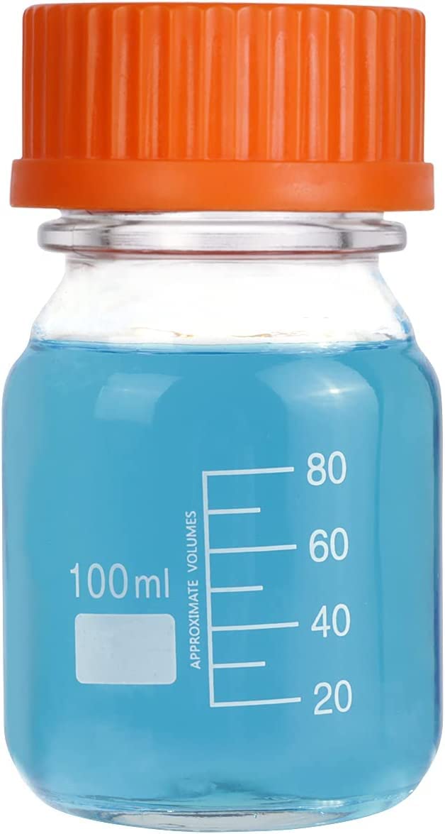 Lab Media Storage - Botellas redondas de vidrio graduado GL45, tapa de rosca a prueba de fugas, multiusos para científicos, paquete de 20 (naranja, 100 ml)
