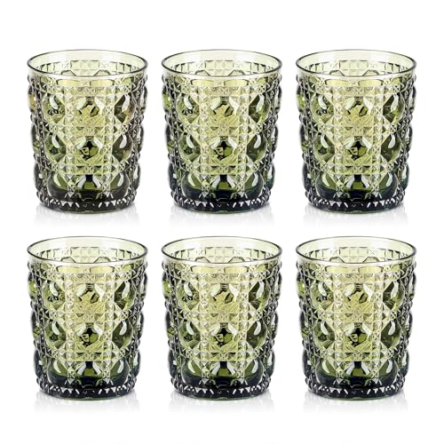 Joeyan Lot de 6 Vert Verres à Eau,320ml Verres à Jus et Soda,Moderne Verres à Boire Décoré en Gemmes Relief,Verre de Table Pour Eau Gazeuse Orangeade Limonade Apéritif et Bière, Lavable Lave-Vaisselle
