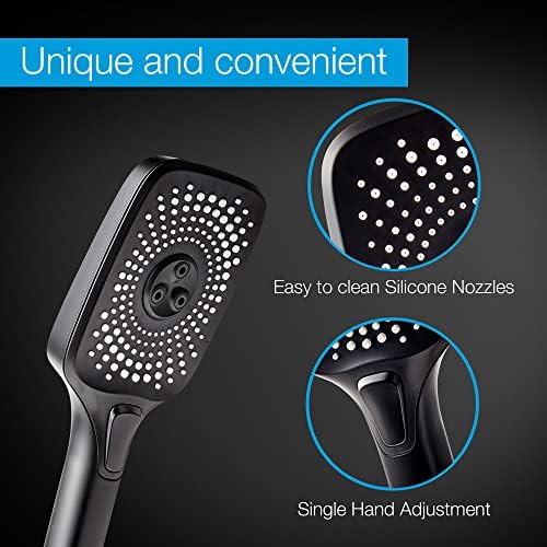 AQUA FLOW Elegance, Premium Shower Head and Hose, Elegant Matt Black, Handheld Shower Head, 3 Pattern Rain Shower Head, 7.3 L/min Water Saving