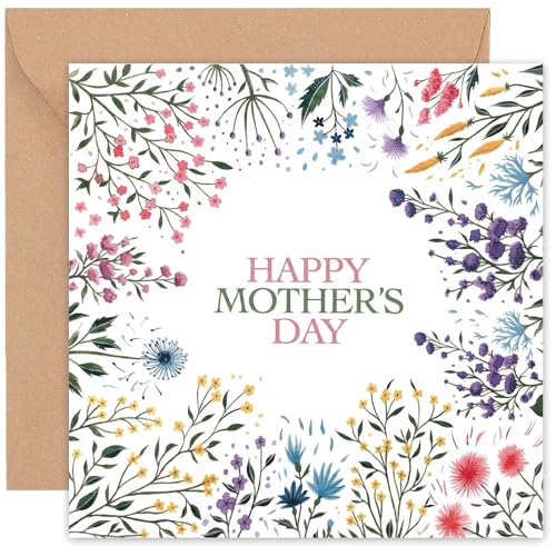 Happy Mothers Day Card for Women Watercolour Wildflower Wreath Blank Inside With Envelope Thoughtful Card for Mum 120x120mm
