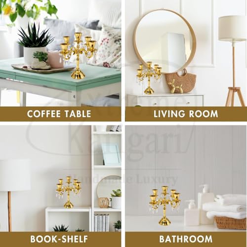 Image of Premium 8Inch Golden Aluminum 5-Arm Candle Stand with Crystal Hangings | Luxury Centerpiece for Home Decor, Weddings, Festive Decoration & Dining Table