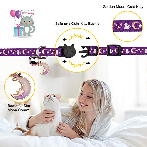 Image of 2PCS Breakaway Cat Collars with Bell Moons Stars Cute Kitty Adjustable Safe Kitten Collars with Pendant Glow in The Dark(Purple&Pink)