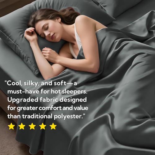 MR&HM Twin XL Sheets Set, 3-Piece Cooling Sheets, Rayon Derived from Bamboo & Polyester Blend, Soft & Silky, 15" Deep Pockets with Elastic Straps, Hotel Luxury for Hot Sleepers, Dark Grey