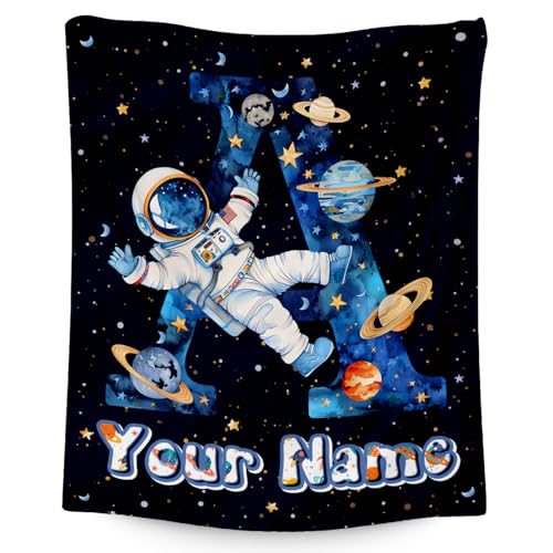 CUSPCOD Personalized Boys Blanket for Planet Lovers - Planet Blankets Gifts for Kids - Custom Initial Throw for Son - 60