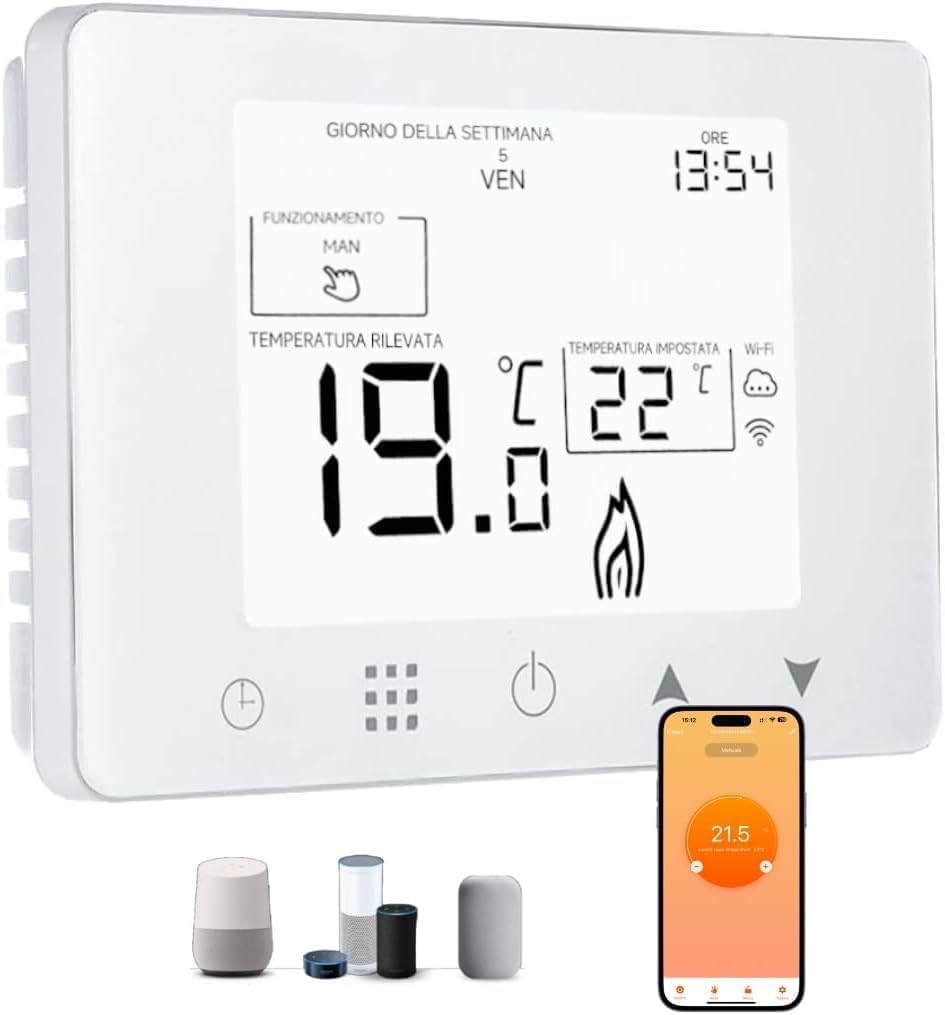 Cronotermostato Termostato WiFi per caldaia gas/acqua, Termostato Smart da Parete Intelligente compatibile con Alexa e Google, Funzione Programmabile