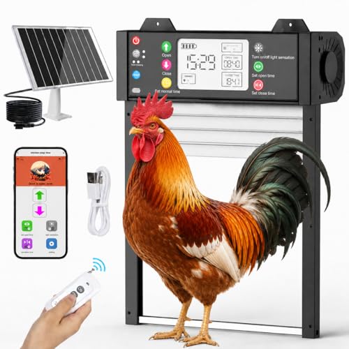 Automatische Hühnerklappe Solar mit App, Elektrische Hühnertür für Hühnerstall, WLAN, Türstatus erkennbar, Zeitschaltuhr, Lichtsensor, Einklemmschutz, LCD-Display, 4000 mAh Akku