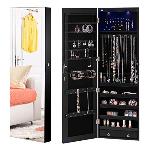 GOPLUS Armoire à Bijoux avec Éclairage LED, Miroir Plein sans Cadre et 2 Tiroirs, Fixer au Mur ou à Suspendre sur Porte, pour Ranger Boucles d’Oreilles et Colliers (Noir)