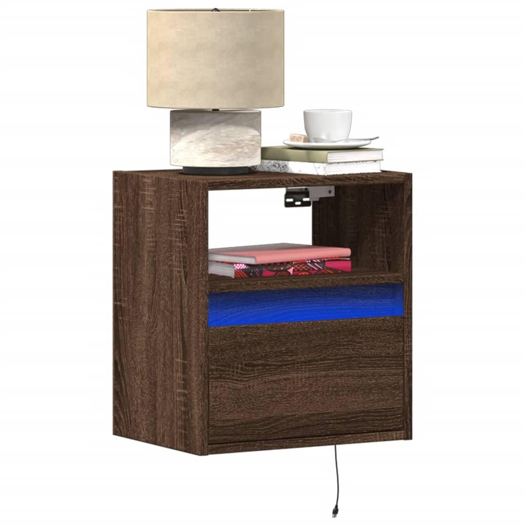 Comodini da parete con luci a LED, set da 2 pezzi, colore marrone quercia, consolle da notte sospese con cassetto per camera da letto mobili