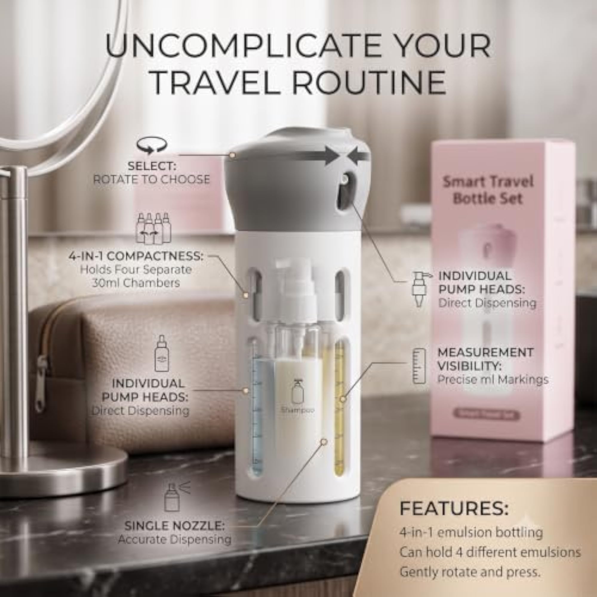 Travel Dispenser Bottle Set, 4-in-1 Design
