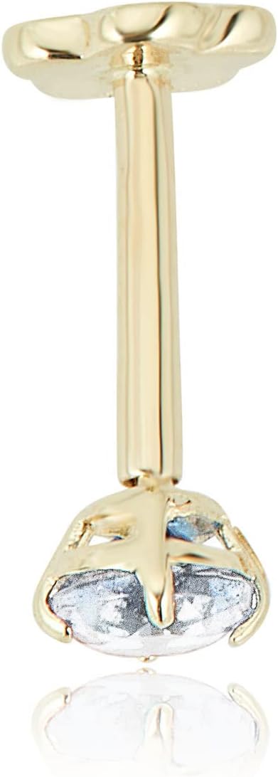 AVORA 14K Yellow/White Gold 3mm Round Simulated Diamond (0.1 carat) Cartilage Piercing Flat Back Earring Body Jewelry (18 Gauge) - Emerald, Ruby, Amethyst, Sapphire, Sim. Diamond