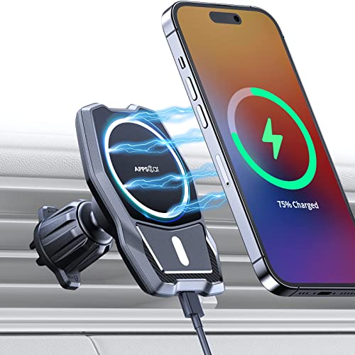 APPS2Car 15W Soporte Cargador Coche para Magsafe, Qi Cargador Inalámbrico Magnético para Coche, Soporte Rejilla Aire, Soporte Móvil Coche iman Compatible con iPhone 14/13/12 Samsung etc Cover