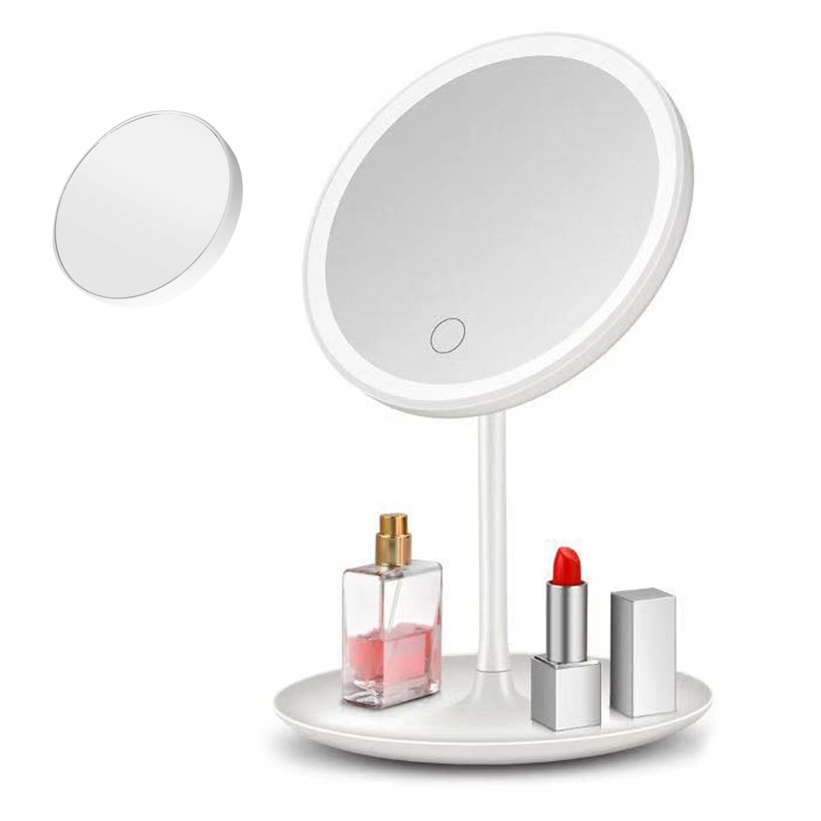 Homirty Miroir de Maquillage LED, Comprend Un Miroir Maquillage Grossissant 5 Fois, Rechargeable, Autonome, avec Espace de Rangement, Rotation à 90°, avec 3 Modes d'Éclairage de Couleur (Blanc