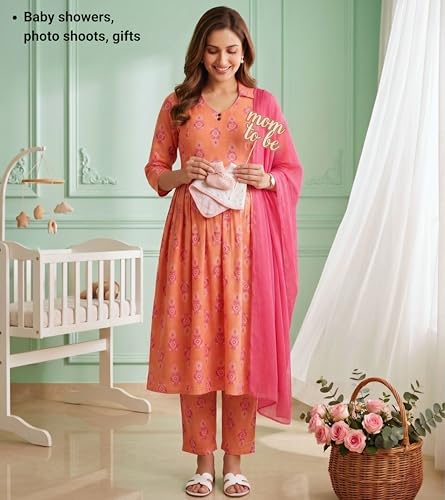 Image of DUMMY SHAPE Maternity Dresses for Women Cotton Rayon | Floral Kurta Pant Dupatta Set with Nursing Zippers to Pre & Post Partum | Feeding Kurtis | Mom to Be Gifts for Pregnant Woman