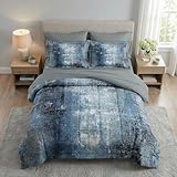 WeCozy 7 Pcs Queen Size Comforter Set with 2 Pillowcases & 2 Shams, Navy Indigo Blue Bedding for Kids and Adults, Contemporary Abstract Gray Bed in a Bag with Flat Fitted Sheet