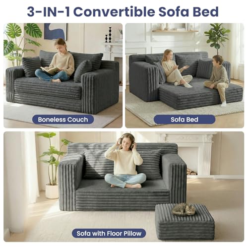 3-in-1 Convertible Sofa Bed: Boneless Loveseat Sleeper & Folding Couch Bed with 4 Pillows & Detachable Cushion, Furry Futon Couch for Bedroom, Apartment, Office and Living Room, No Assembly, Grey - Image 4