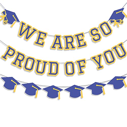 Image of We Are So Proud Of You Banner Graduation Party Decorations Congrats Grad Cap Garlands Wall Sign Blue Yellow
