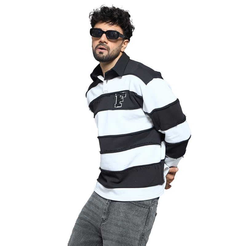 Black & White Striped Raw Edge Rugby Sweatshirt for Men | 400 GSM Cotton Fleece Oversized Pullover | Polo Neck Button Closure | Embroidered Brand Patch | Ribbed Cuffs-image-44