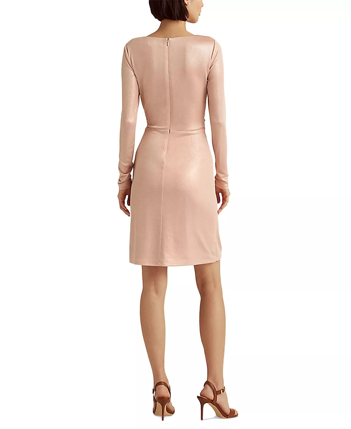 ralph lauren rose gold dress This luminous SS 2009 Ralph Lauren runway gown is now available for rent. Made in a champagne silk satin with a high embroidered neckline that extends into a sheer embroidered back panel,